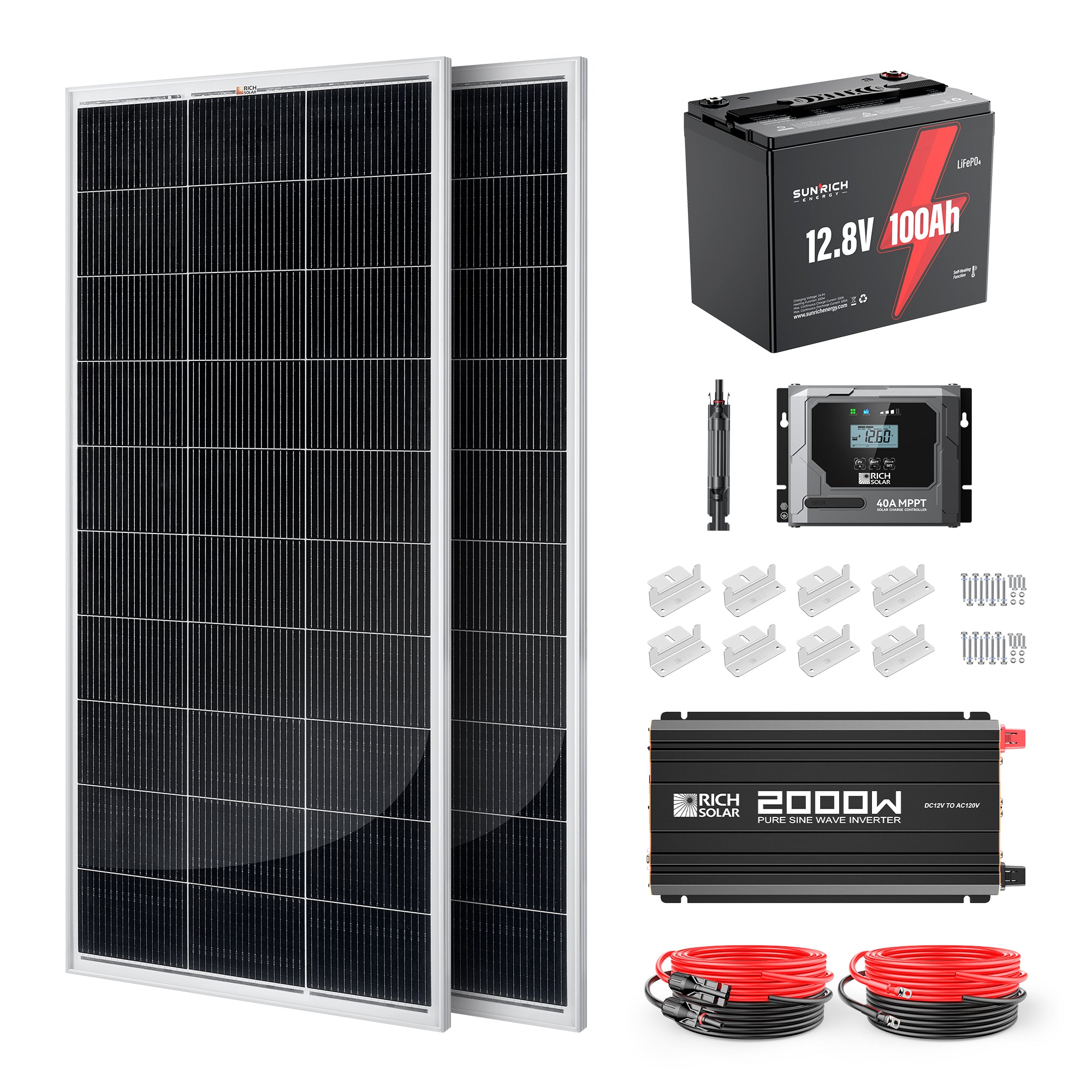 400 Watt 12 Volt Complete Solar Panel Kit with 100Ah LiFePO4 Battery, 2000W Pure Sine Wave Inverter