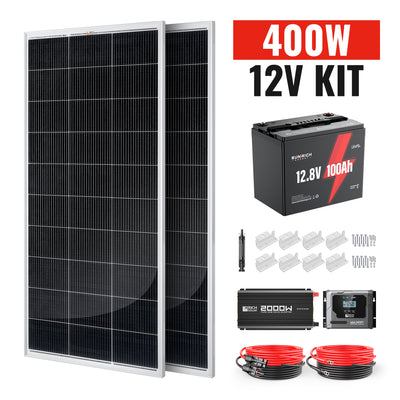400 Watt 12 Volt Complete Solar Panel Kit with 100Ah LiFePO4 Battery, 2000W Pure Sine Wave Inverter