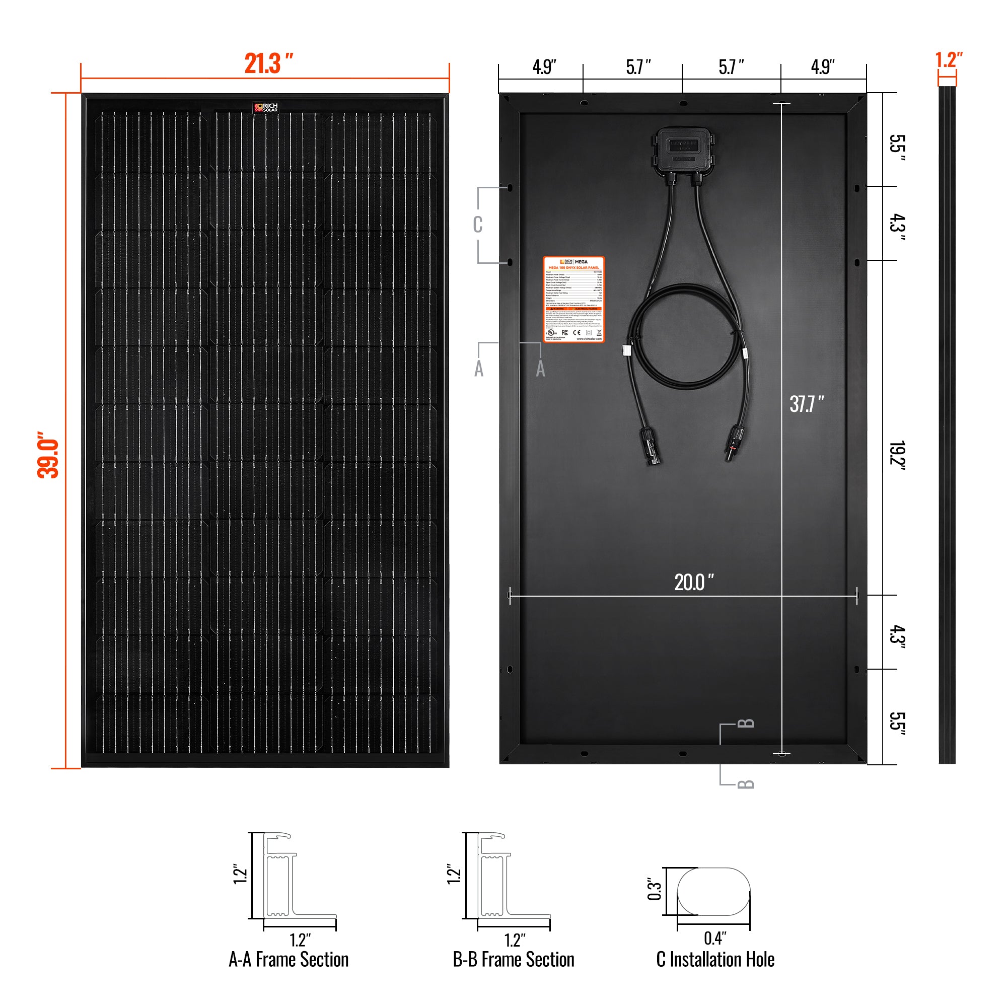 RICH SOLAR | 100 Watt 12V Solar Panel | 25-Year Output Warranty | UL Certified