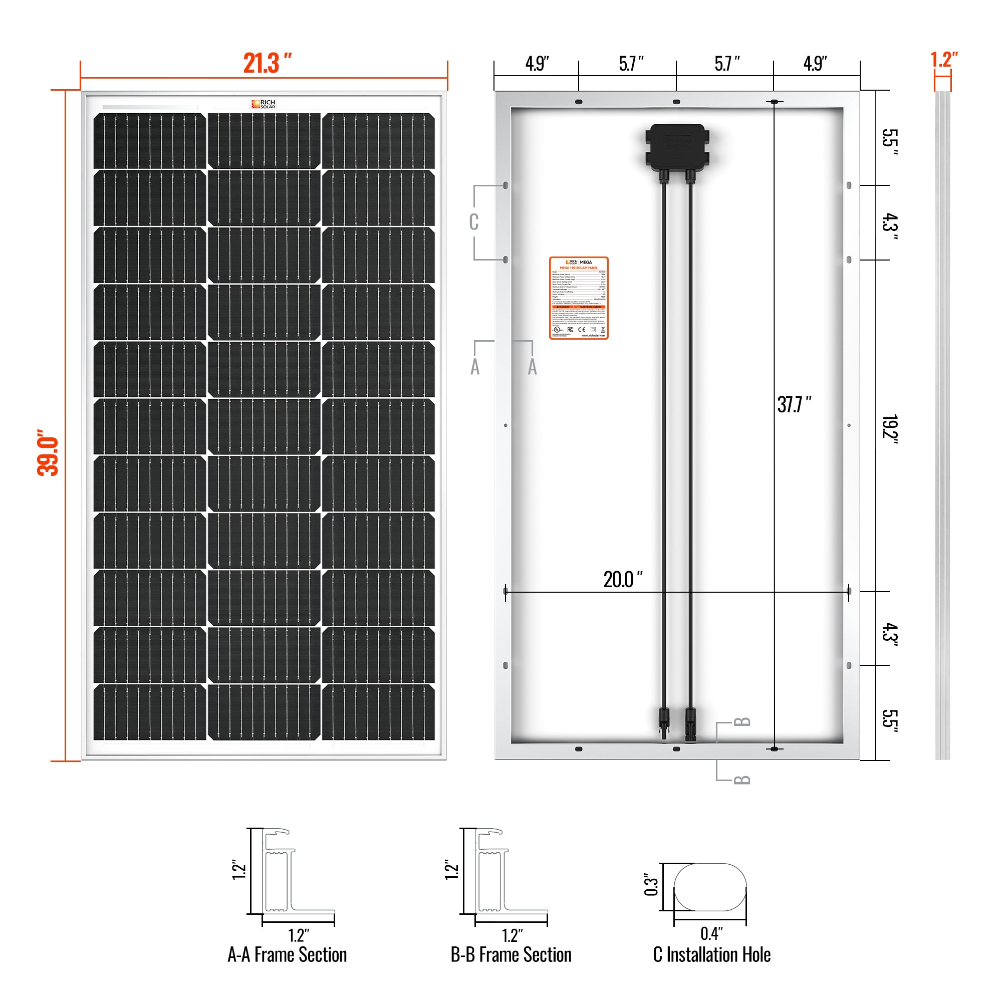 RICH SOLAR | 100 Watt 12V Solar Panel | 25-Year Output Warranty | UL Certified