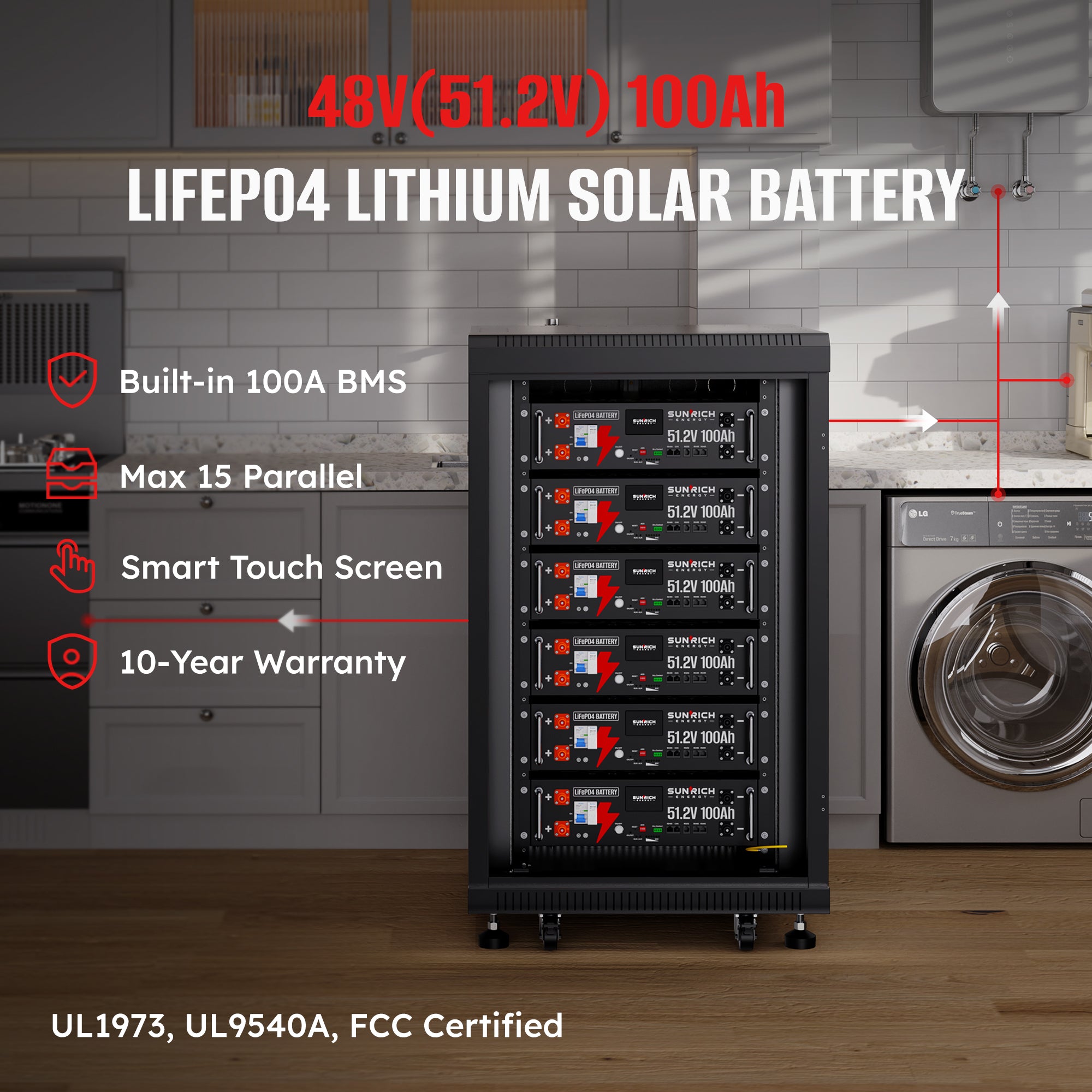 51.2V 100Ah  Heated LiFePO4 Battery | 5.12kWh Server Rack Lithium Battery
