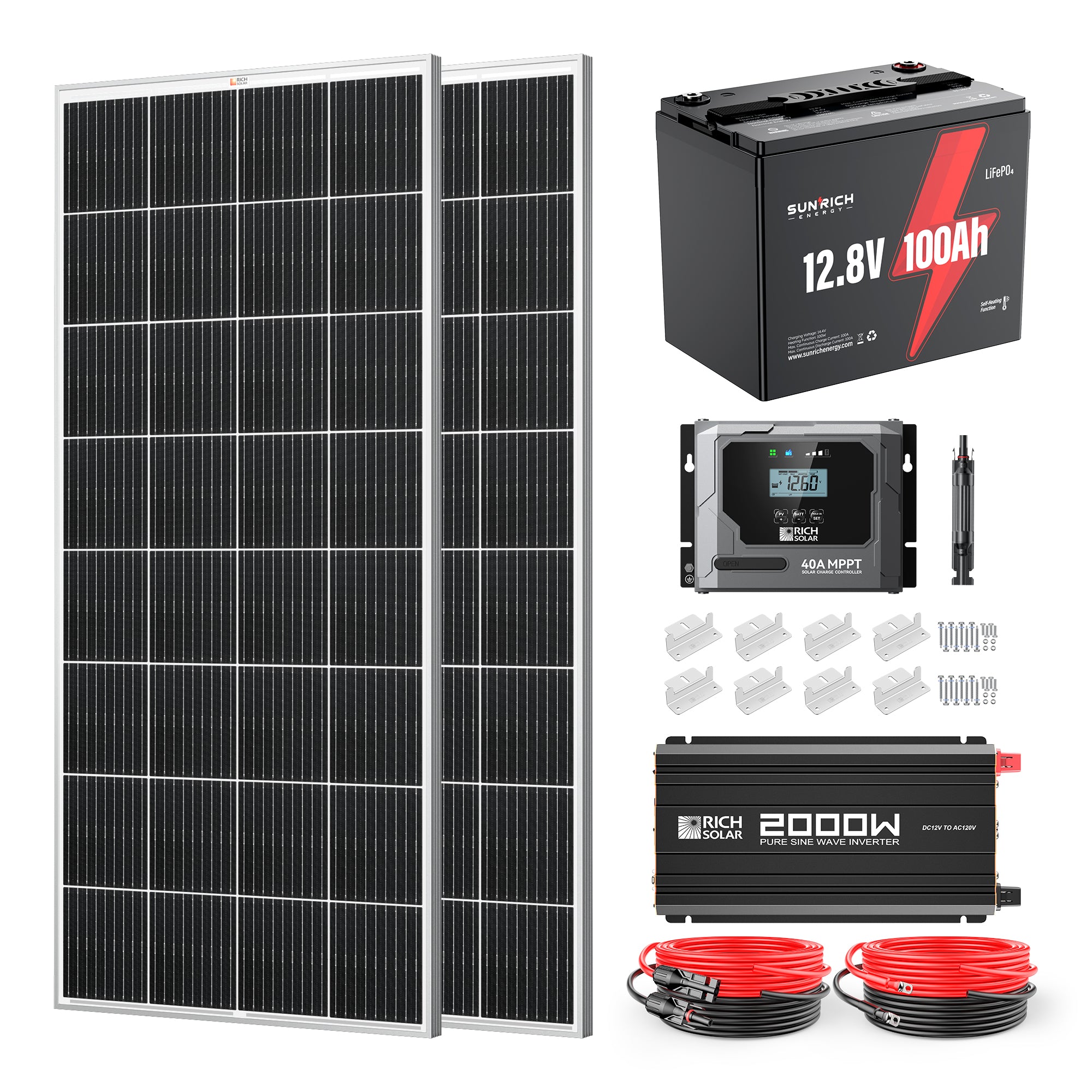 400 Watt 12 Volt Complete Solar Panel Kit with 100Ah LiFePO4 Battery, 2000W Pure Sine Wave Inverter