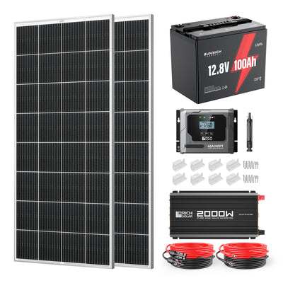 400 Watt 12 Volt Complete Solar Panel Kit with 100Ah LiFePO4 Battery, 2000W Pure Sine Wave Inverter