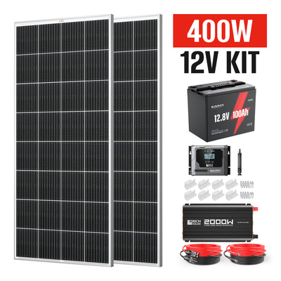 400 Watt 12 Volt Complete Solar Panel Kit with 100Ah LiFePO4 Battery, 2000W Pure Sine Wave Inverter
