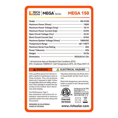 RICH SOLAR | 150 Watt 12V Solar Panel | 25-Year Output Warranty | UL Certified