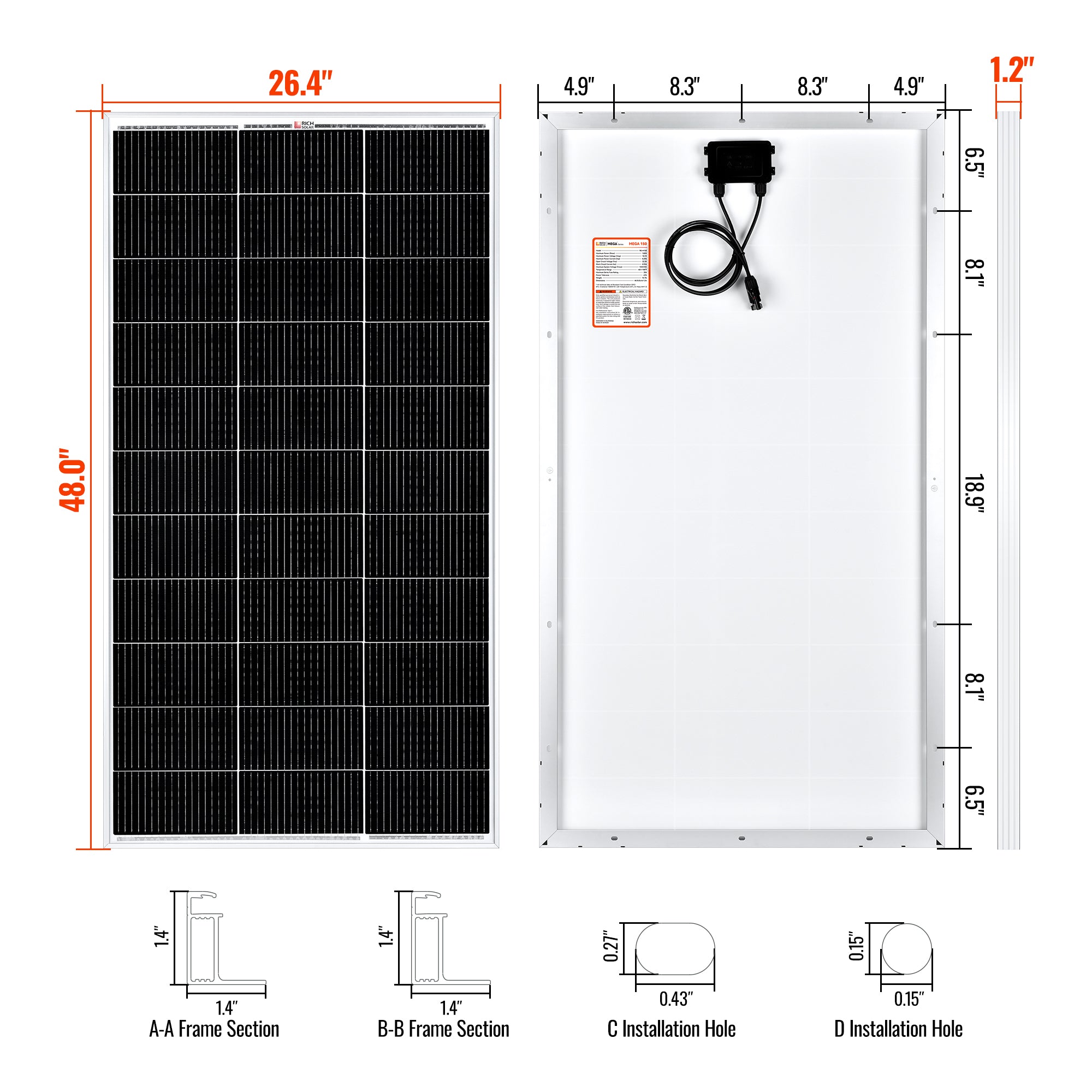 RICH SOLAR | 150 Watt 12V Solar Panel | 25-Year Output Warranty | UL Certified