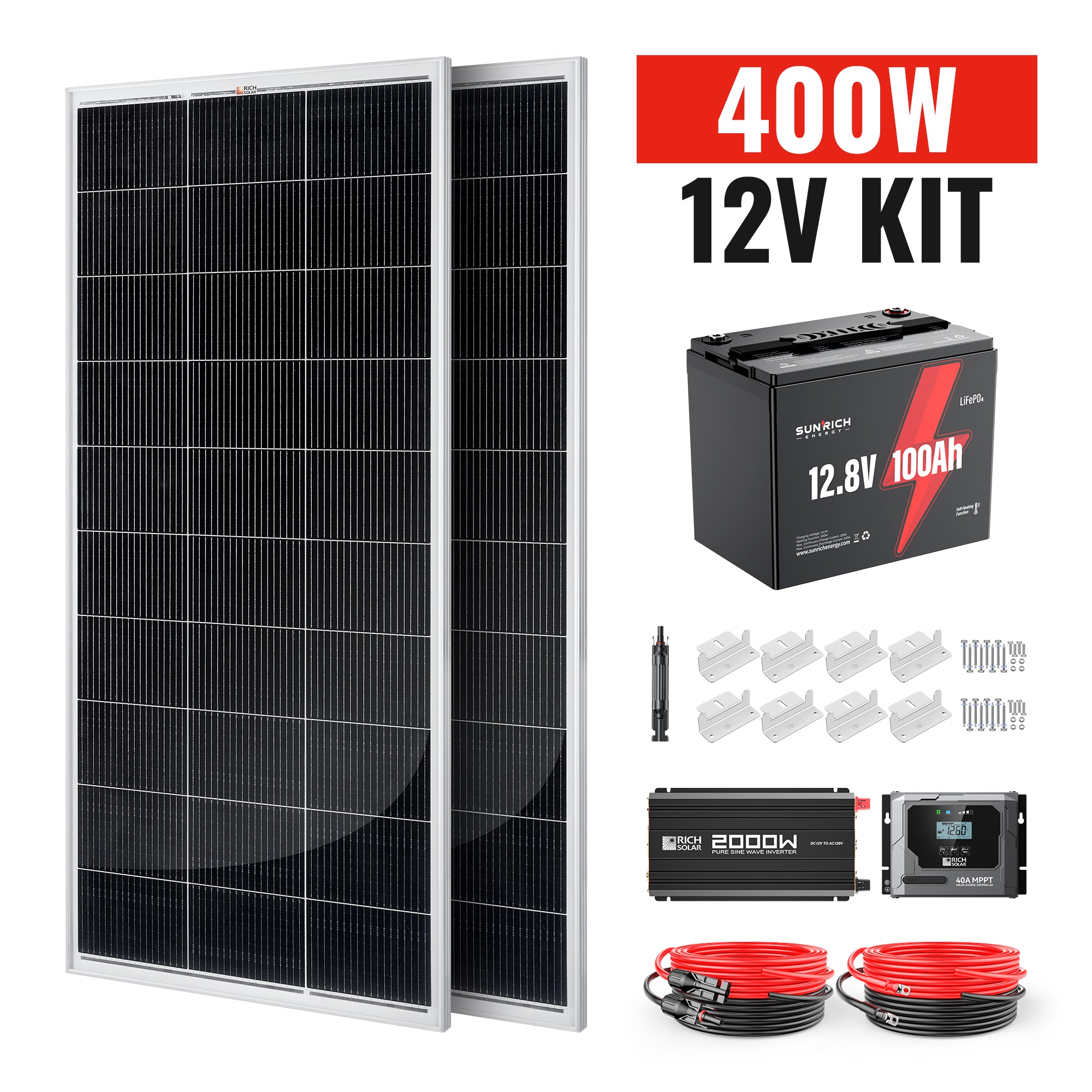400 Watt 12 Volt Complete Solar Panel Kit with 100Ah LiFePO4 Battery, Sunrich Energy 400 Watt 12 Volt Complete Solar Panel Kit with 100Ah LiFePO4 Battery, Sunrich Energy
