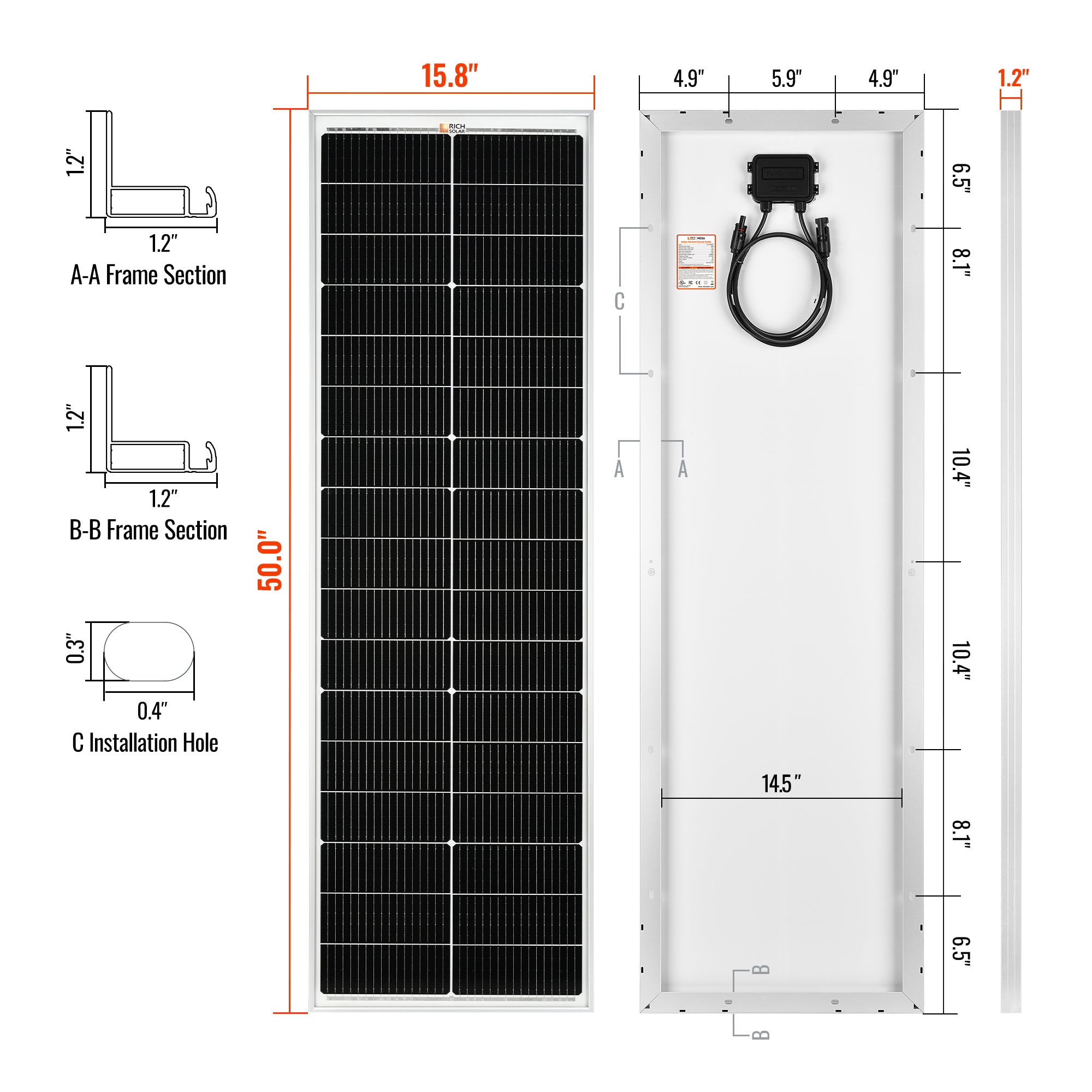 Panel solar delgado Rich Solar de 100 vatios y 12 V | Garantía de salida de 25 años | Certificación UL