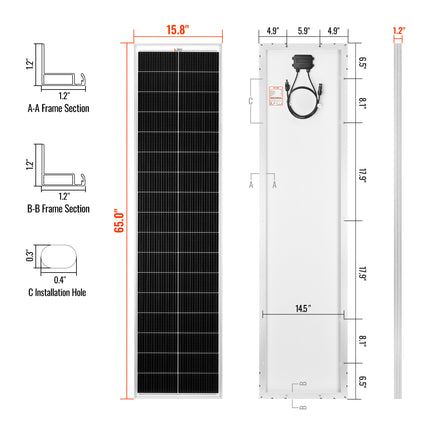 RICH SOLAR | 130 Watt 12V Compact Narrow Panel for Vans, Campers, Boats | UL Certified