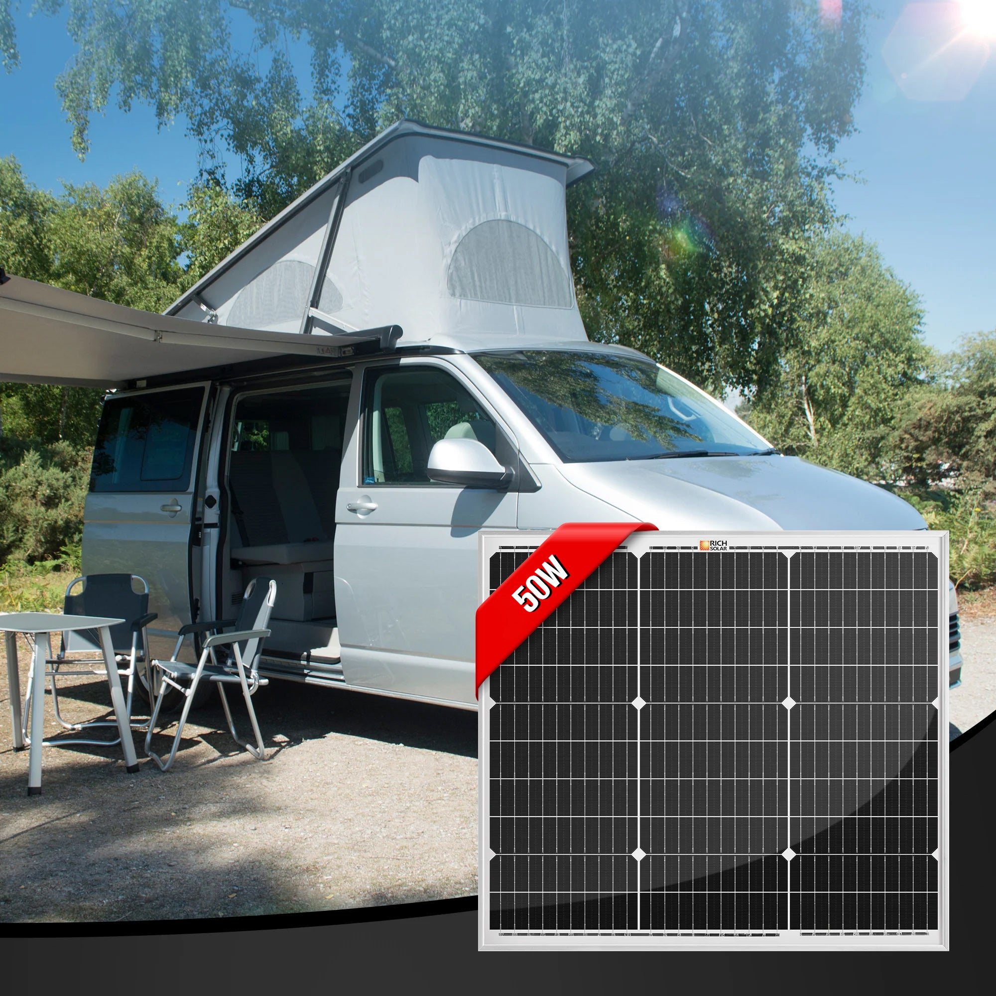 RICH SOLAR | 50 Watt 12V Compact Off-Grid Solar Panel for Boats, Vans, Trailers | 25-Year Output Warranty | UL Certified