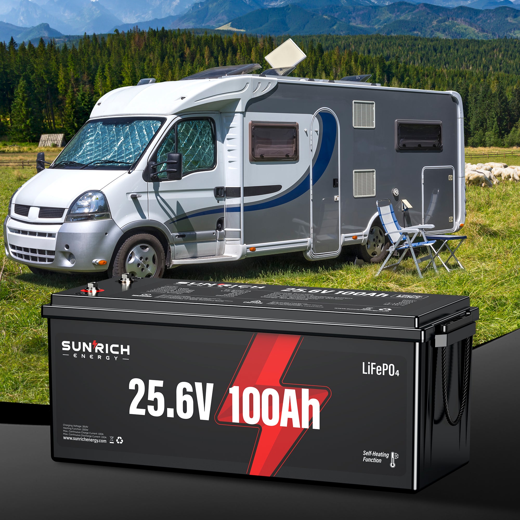 24V 100Ah Heated LiFePO4 Battery for RV, Marine