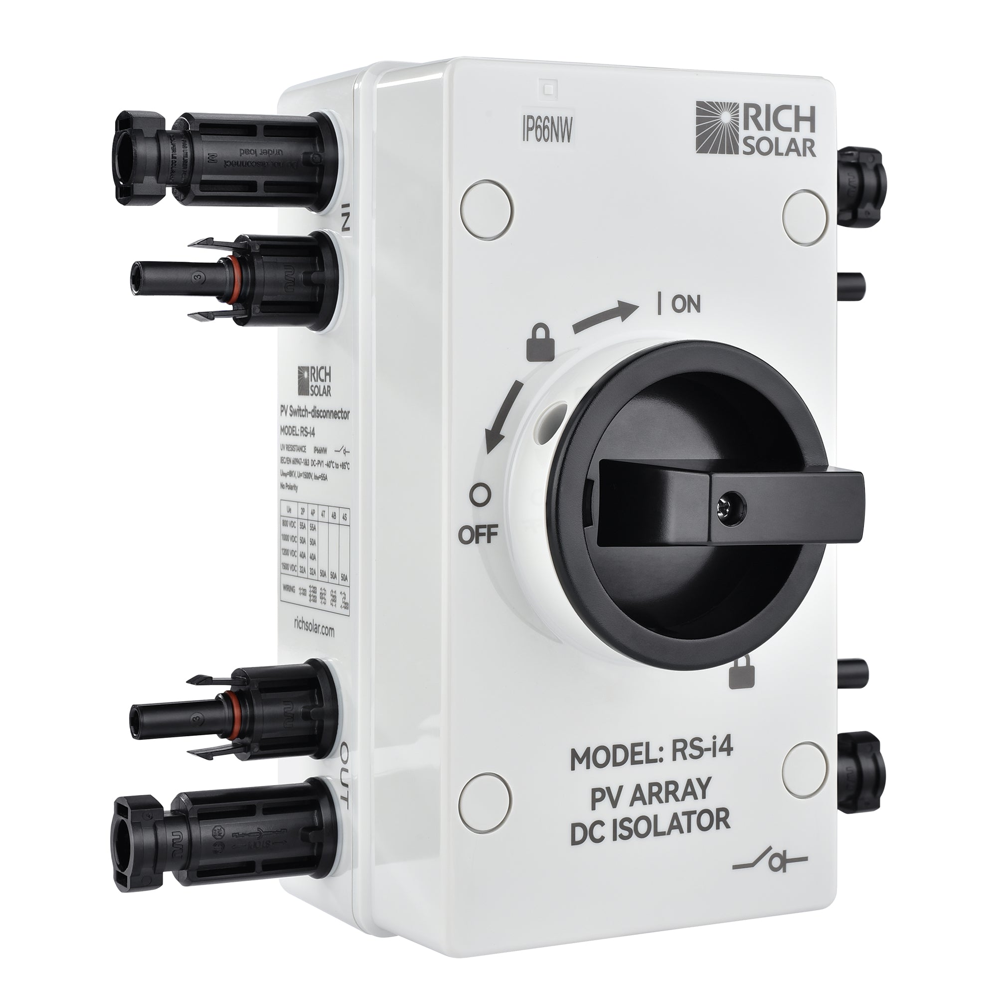 RICH SOLAR | Solar PV DC Quick Disconnect Switch | 1500 Volt 32 Amp | 4-Pole, 2-String Solar Array