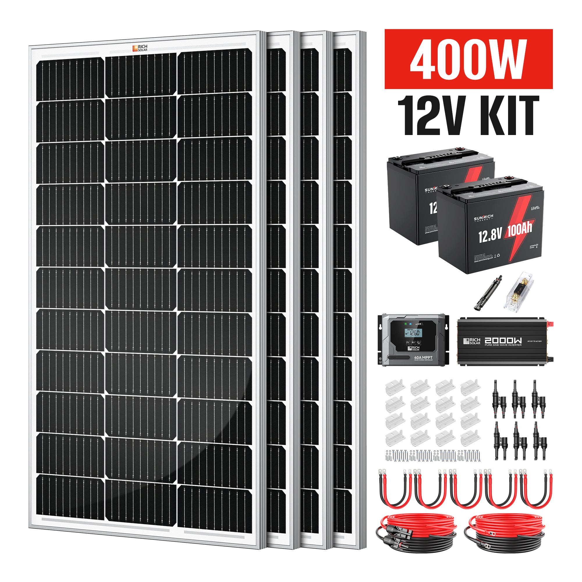 400 Watt 12 Volt Complete Solar Kit with Two 100Ah LiFePO4 Batteries