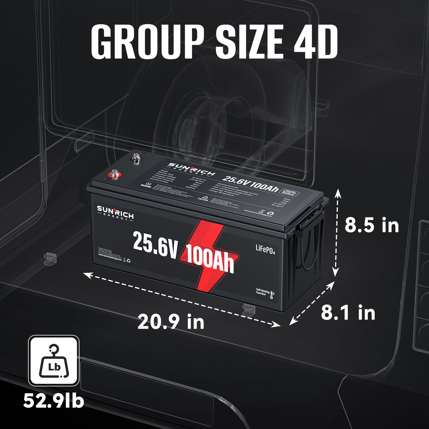 Batería de fosfato de hierro y litio del grupo 4D de 25,6 V y 100 Ah | La mejor batería LiFePO4 calentada de 2560 Wh para climas fríos