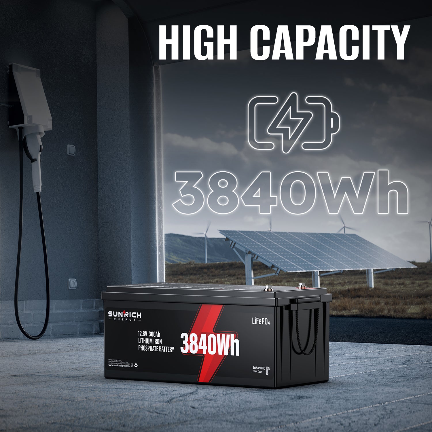 12V 300Ah LiFePO4 Battery | SUNRICH ENERGY 3840Wh Heated LiFePO4